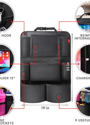 Helteko Backseat Car Organizer, Kick Mats Back Seat Protector with Touch Screen Tablet Holder, Back Seat Organizer for Kids, Travel Accessories with 9 Storage Pockets 2 Pack, Black