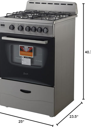 Avanti Compact Gas Range Oven 24-Inch with 4 Sealed Burners Automatic Electronic Ignition Large 2.6 cu.ft. Oven Storage Drawer Glass Door and Oven Light, in Stainless Steel