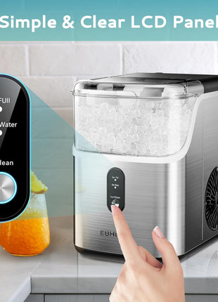 EUHOMY Nugget Ice Makers Countertop, Pebble Ice Maker Machine with 34lbs/24H Soft Ice, Self-Cleaning Sonic Ice Maker with Ice Scoop&Basket, Pellet Ice Maker for Home/Kitchen/Office(Stainless Steels)
