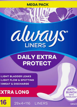 Always Daily Extra Protect Liners, Extra Long Length, Unscented Panty Liners, 116 Count