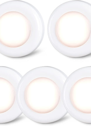 STAR-SPANGLED 2.8" LED Puck Lights Under Cabinet AAA Battery, 5 Pack Warm | Mini DIY Adhesive Stick on Touch Push Tap Button Lamp AAA Battery Powered Operated for Kitchen Closet Pantry Classroom Shelf