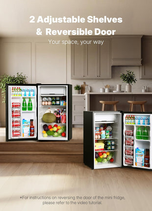 Upstreman 3.2 Cu.Ft Mini Fridge with Freezer, Quiet Efficient Small Fridge, Compact Refrigerator with Adjustable Thermostat, for Dorm, Bedroom, Office, Black-BR321