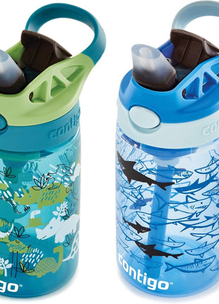 Contigo Aubrey Kids Water Bottle, 2-Pack, 14oz, Dinos & Sharks, Spill-Proof Lid, Dishwasher Safe, Blue & Green