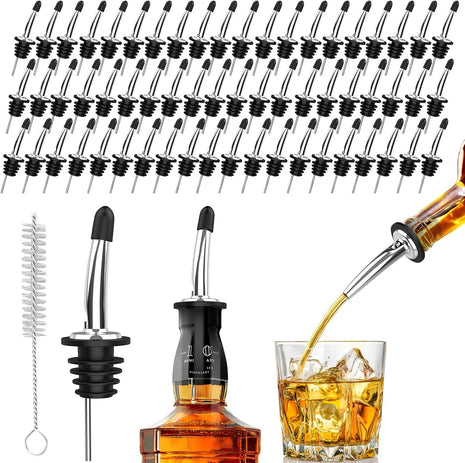 60 Pack Stainless Steel Pour Spouts for Liquor Bottles Oil Vinegar and Wine,Liquor Bottle Pourers with Rubber Dust Caps,Bar accessories,Pourers for Bartending