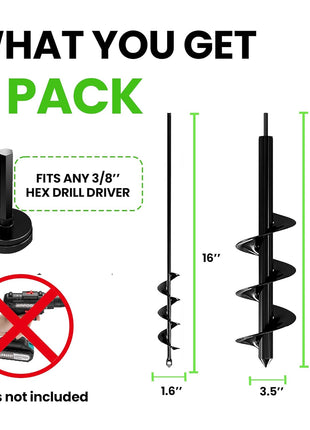 K-Brands Auger Drill Bit for Planting 2 Pack 1.6 x 16 Inch & 3.5 x 16 Inch Set – Garden Spiral Hole and Bulb Planter Tool for Umbrella Holes - Compatible with 3/8 Inch Hex Drive
