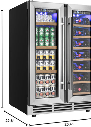 EUHOMY Wine and Beverage Refrigerator, 24 Inch Dual Zone Wine Cooler with Glass Door Hold 21 Bottles and 88 Cans, Built in or Under Counter Wine Fridge with Blue LED Light