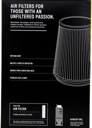 Airaid 700-458 Universal Clamp-On Air Filter: Round Tapered; 4 Inch (102 mm) Flange ID; 7 Inch (178 mm) Height; 7 Inch (178 mm) Base; 4.625 Inch (117 mm) Top