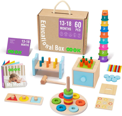 TOOKYLAND Montessori Toys for 1 Year Old, 8 in 1 Learning Educational Set | Wooden Toys Set (Includes Stacking Cups, 3-in-1 Educational Box, Pound Bench, Shape Puzzle and More)