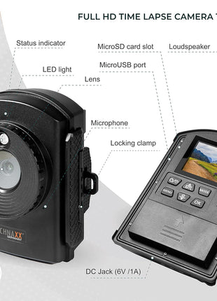 TECHNAXX Full HD Time Lapse Camera TX-164 - Ideal for Time Lapse Recordings of constructions Sites, House Building, Plant Growth (Garden, Orchard), Outdoor Shots, Security Monitoring, etc., Black