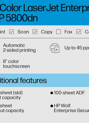 HP Color LaserJet Enterprise MFP 5800dn Printer, Print, Scan, Copy, Best for Business (6QN29A)