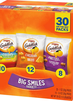 Goldfish Crackers Big Smiles Variety Pack with Cheddar, Colors, and Pretzels, Snack Packs, 30 Ct