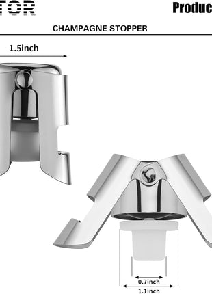 WOTOR Champagne Stoppers Stainless Steel, Prosecco Bottle Stopper with Food Grade Silicone, Reusable Champagne Cork & Saver, Leak proof Keep Fresh (Silver, 2 Pack)