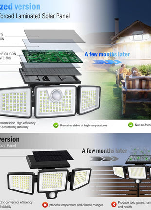 daphino 2500LM Solar Lights Outdoor with Motion Sensor,3 Head 270° Wide Angle Street Area Lights, IP65 Waterproof Security Lighting with 3 Modes(Non-Remote,2 Pcs)