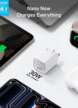Anker Nano USB C Charger Block, 30W PIQ 3.0 Foldable iPhone Charger Fast Charging for iPhone 16/15 Series, Galaxy, iPad, Compatible with MagSafe