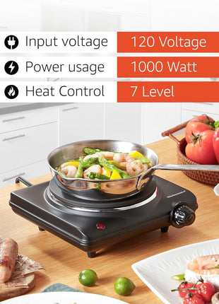 Elite Gourmet ESB 301BF# Countertop Single Cast Iron Burner, 1000 Watts Electric Hot Plate, Temperature Controls, Power Indicator Lights, Easy to Clean, Black