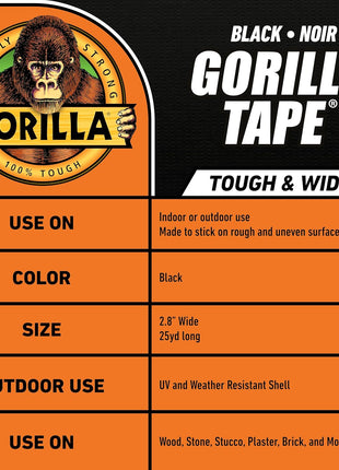 Gorilla Tape Tough & Wide, Black Tape, 2.88 inch x 25 yd (Pack of 1) - Heavy Duty and Weather Resistant for Indoor or Outdoor