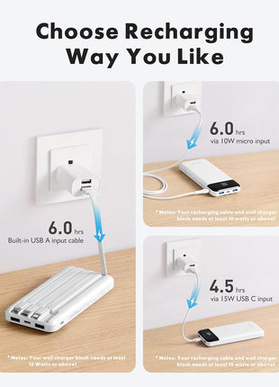 charmast Portable Charger with Reinforced Built-in 4 Cables,10000mAh Power Bank Travel Essentials 6 Outputs 3 Inputs 3A Fast Charging Compatible with iPhone iPad Samsung Google Pixel LG Moto etc.