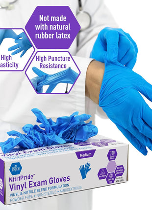 MED PRIDE Disposable Multipurpose Hand Protection Nitrile Vinyl Blend Exam Gloves, Medium 100   Powder, Latex & Rubber Free   Single Use Non Sterile Protective Gloves