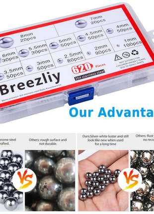 Breezliy 304 Stainless Steel Ball 620Pcs 1-8mm Metric Precision Assorted Loose Bicycle Bearing Steel Ball Assortment Kit(12 Sizes)