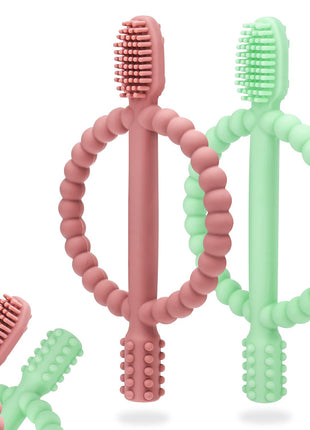 MISSLILI Baby Teething Toys with Easy-Hold Handle, Infant Toothbrush | Textured On Both Sides Helps Massage, Soothe Sore Gums, Silicone Teething Toys for Babies 0 3 6 12 36 Months Bright.