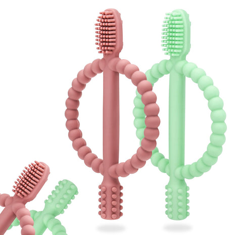 MISSLILI Baby Teething Toys with Easy-Hold Handle, Infant Toothbrush | Textured On Both Sides Helps Massage, Soothe Sore Gums, Silicone Teething Toys for Babies 0 3 6 12 36 Months Bright.
