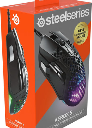 SteelSeries Aerox 5 - Holey RGB Gaming Mouse - Ultra-lightweight Water Resistant Design - 18K DPI TrueMove Air Optical Sensor | TrueMove Air sensor with 9 buttons and 66g weight for precision, speed and durability