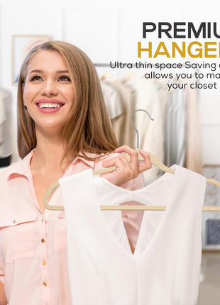 Techzoo 50 Pack New Premium Quality Velvet Hangers Ultra Thin Non Slip Adult Felt Space Saving Hangers for Closet Heavy Duty Coat Pants Jackets Dress Hangers 360° Swivel Hook Hold Upto 10 lbs Ivory