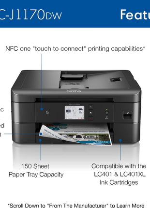 Brother MFC-J1170DW Wireless Color Inkjet All-in-One Printer, NFC One-Touch Print, Duplex, Cloud Print & Scan, Mobile App Control, 2.7" Touchscreen, Works with Alexa