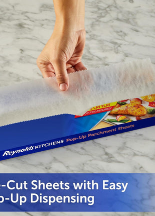 Reynolds Kitchens Pop-Up Parchment Paper Sheets, 30 Count, Fits Standard Baking Pans and Cookie Sheets, Non-Curling, Non-Stick, Pre-Cut, Oven-Safe Up to 425F, 10.75 in x 13.75 in