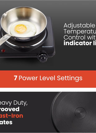 Elite Gourmet ESB 301BF# Countertop Single Cast Iron Burner, 1000 Watts Electric Hot Plate, Temperature Controls, Power Indicator Lights, Easy to Clean, Black