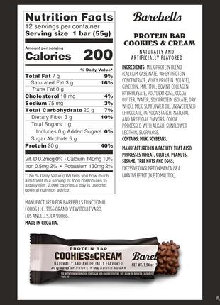 Barebells Protein Bars Cookies & Cream - 12 Count, 20g High Protein Treats - Chocolate Nutrition Bar with 1g Total Sugars - On-The-Go Breakfast or Post-Workout Snack