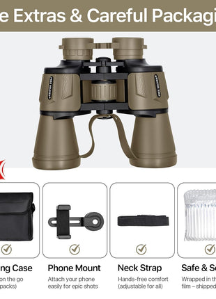 20x50 Binoculars for Adults with Smartphone Adapter - High Powered Binoculars for Bird Watching Hunting Hiking Concert Travel Theater with BAK4 Prism FMC Lens, Mud