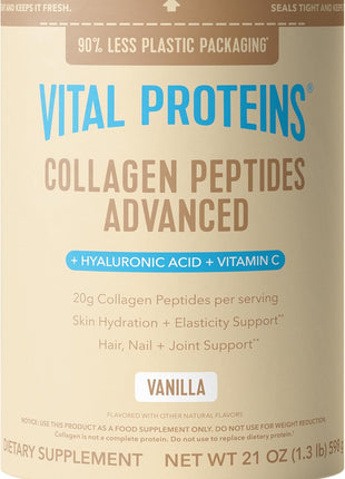 Vital Proteins Collagen Peptides Advanced, Vanilla, 21oz | Hyaluronic Acid & Vitamin C, Supports Hair Skin & Nails, Collagen Peptides, Vanilla Flavor, 26 Servings