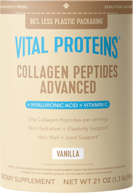 Vital Proteins Collagen Peptides Advanced, Vanilla, 21oz | Hyaluronic Acid & Vitamin C, Supports Hair Skin & Nails, Collagen Peptides, Vanilla Flavor, 26 Servings