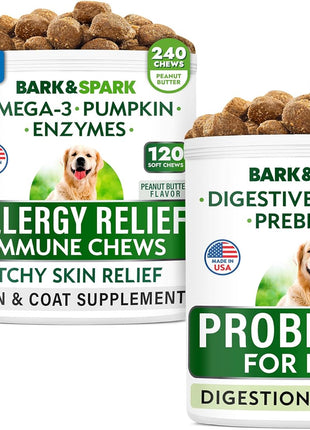Allergy Relief + Probiotics & Digestive Enzymes for Dogs - Anti-Itch Skin & Coat Supplement - Omega 3 Fish Oil - Gut Health - Pet Diarrhea Gas Treatment, Upset Stomach Relief Pills, Digestion Health