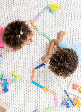 LOVEVERY | The Block Set | Solid Wood Building Blocks and Shapes + Wooden Storage Box, 70 Pieces, 18 Colors, 20+ Activities, Toddler Block Set and Converts into a Pull Car, Ages 12 to 48+ months