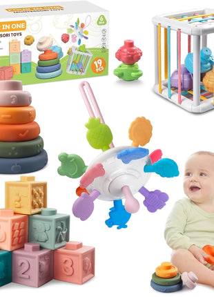 4-in-1 Montessori Baby Toy Set with Pull-String Teether Stacking Blocks | Stacking Rings, Baby Blocks, Sensory Cube, Bath Play, Color and Shape Matching, Fine Motor Practice, Montessori Baby Gifts