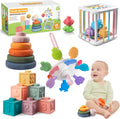 Wuzhineisn Montessori Baby Toys for Ages 6-18 Months - Pull String Teether, Stacking Blocks, Sensory Shapes Storage Bin, Infant Bath Time Fun, 4 in 1 Toddlers Toy Gifts for 1 2 3 Year Old Boys Girls