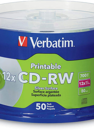Verbatim CD-RW 700MB 2X-4X DataLifePlus Silver Inkjet Printable with Branded Hub - 50pk Spindle - 95159