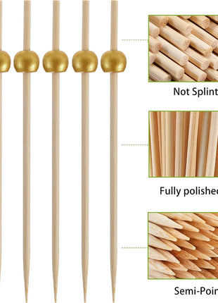 200 Pcs Cocktail Picks, 4.7 Inch Toothpicks for Appetizers, Bamboo Cocktail Sticks Skewers for Drinks, Desserts, Charcuterie, Wedding Party Fancy Toothpicks, Gold Pearl Mini Food Picks Decorative