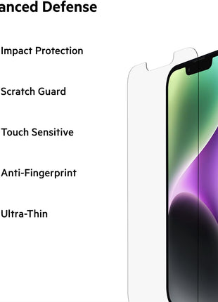 Belkin Tempered Glass Treated Screen Protector for iPhone 14, iPhone 13, & 13 Pro - Scratch-Resistant Impact Protection w/Included Easy Align Tray for Bubble-Free Application