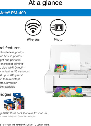 Epson PictureMate PM-400 Wireless Compact Color Photo Printer, white | Compact wireless photo printing; borderless 4 x 6 and 5 x 7 in., mobile support; ideal for home and travel