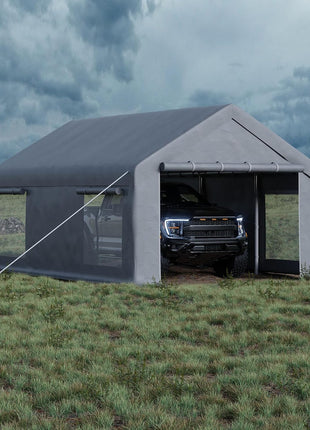 GarveeLife 12x20 Ft Carport, Car Port with 200g PE Tarp, Roll-Up Doors, and 4 Windows, for Full-Size Pickups, Bass Boats, Tractors, and SUVs, Gray