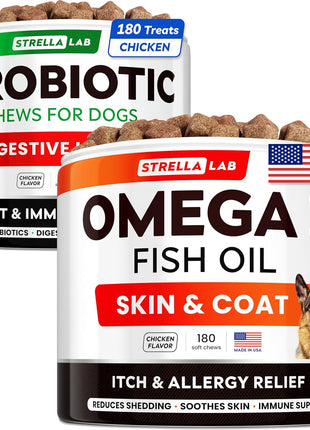 Dog Probiotics Treats for Picky Eaters Bundle + Fish Oil Omega 3 Treats for Dogs - Allergy Relief, Joint Health, Itch Relief. Skin & Coat Supplement + Enzymes + Prebiotics for Digestion Support