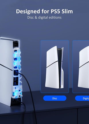 NexiGo PS5 Slim Silent Enhanced Cooling Fan with Adjustable Speed, Auto Power On/Off, with USB 3.0 Port, Efficient Cooling System for Both PS5 Slim Disc and Digital Editions (White)