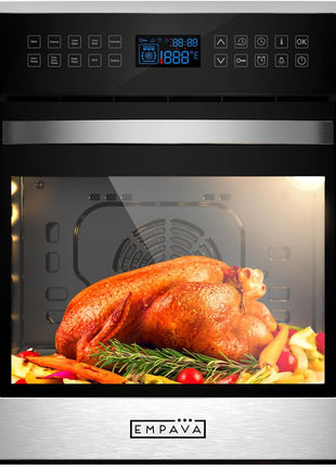 Empava 24 inch Electric Convection Single Wall Oven 10 Cooking Functions Deluxe 360? ROTISSERIE with Sensitive Touch Control in Stainless Steel, Silver