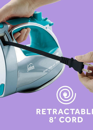 Sunbeam Turbo Steam Iron, 1400 Watt, Nonstick Ceramic Soleplate, Horizontal or Vertical Shot of Steam, Quick Heating, 3 Way Auto Off, White and Chrome (Chrome/Teal)