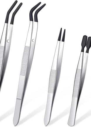 DragonflyDreams 4 Pieces Tweezers with Rubber PVC Coated Set, Straight Tip Tweezers Rubber Flat Tip Long Bent Tweezer for Crafts Stamps Beads Jewelry Tools (Rubber Tweezer)