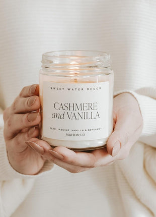 Sweet Water Decor Cashmere & Vanilla Candle, 9oz Clear Glass Jar | Jasmine, Soft Cashmere, Sandalwood & Vanilla Scented Soy Wax Candle, Gold Lid, 40+ Hour Burn Time, Poured in USA