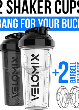 VELOMIx  2 Pack  28 oz Protein Shaker Bottles for Protein Mixes   2x Wire Whisk | Leak Proof Shaker Cups for Protein Shakes | Protein Shaker Bottle Pack (Black/Transparent)